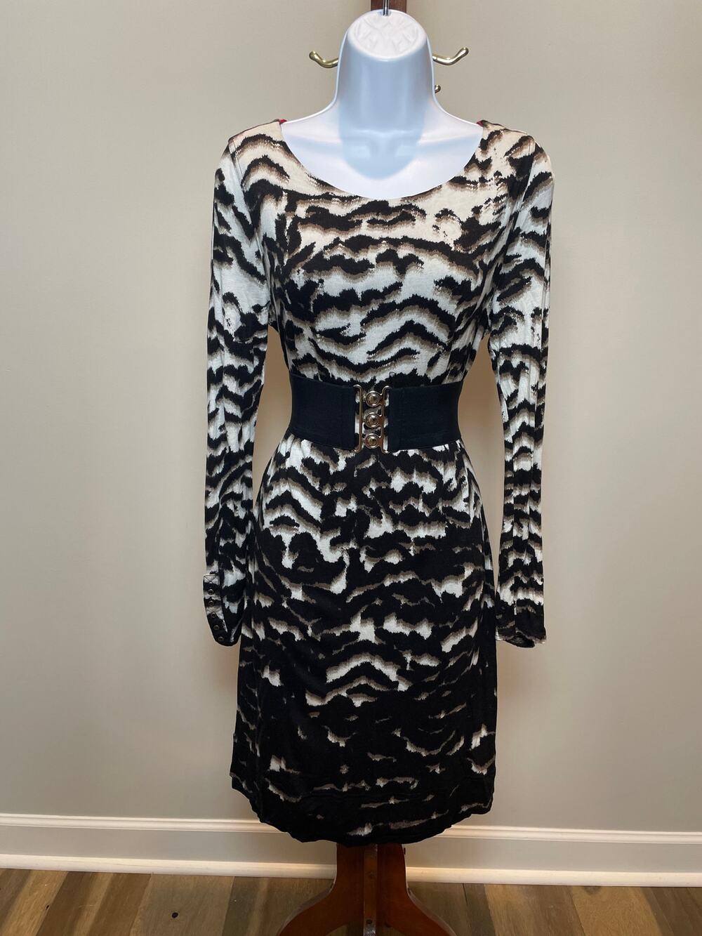 Banana Republic Cream Black Wool Blend Dress Size L Abstract Animal Print